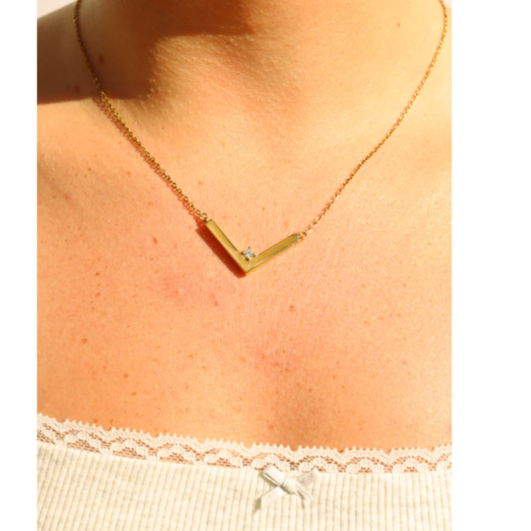 Close-up of a necklace on a person's neck with a blurred background