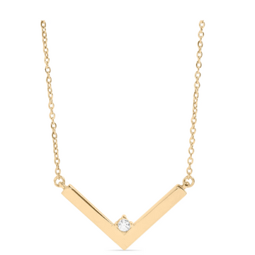 Gold necklace with a V-shaped pendant on a website homepage