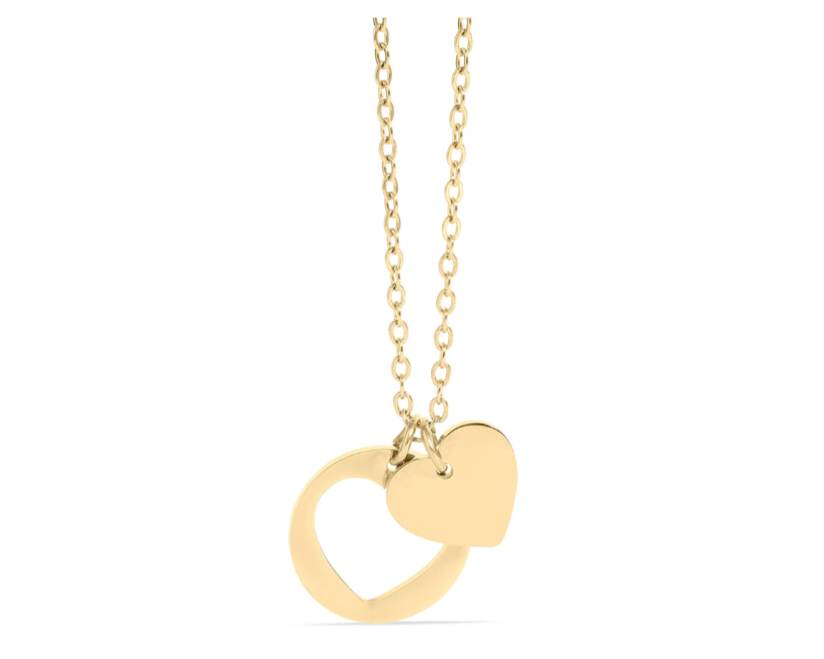 Gold necklace with a heart-shaped pendant on a white background