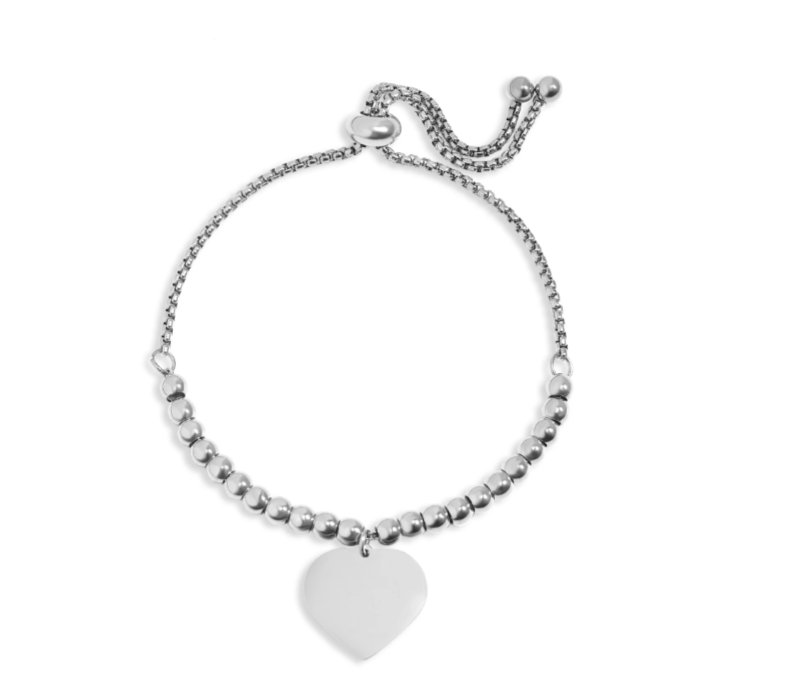 18K Gold PVD Stainless Steel Adjustable Engravable Heart Beaded Bracelet / SBB0276- Gold, SS, Rose