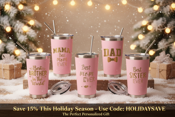 Festive Winter Holiday Banner with Personalized Tumblers