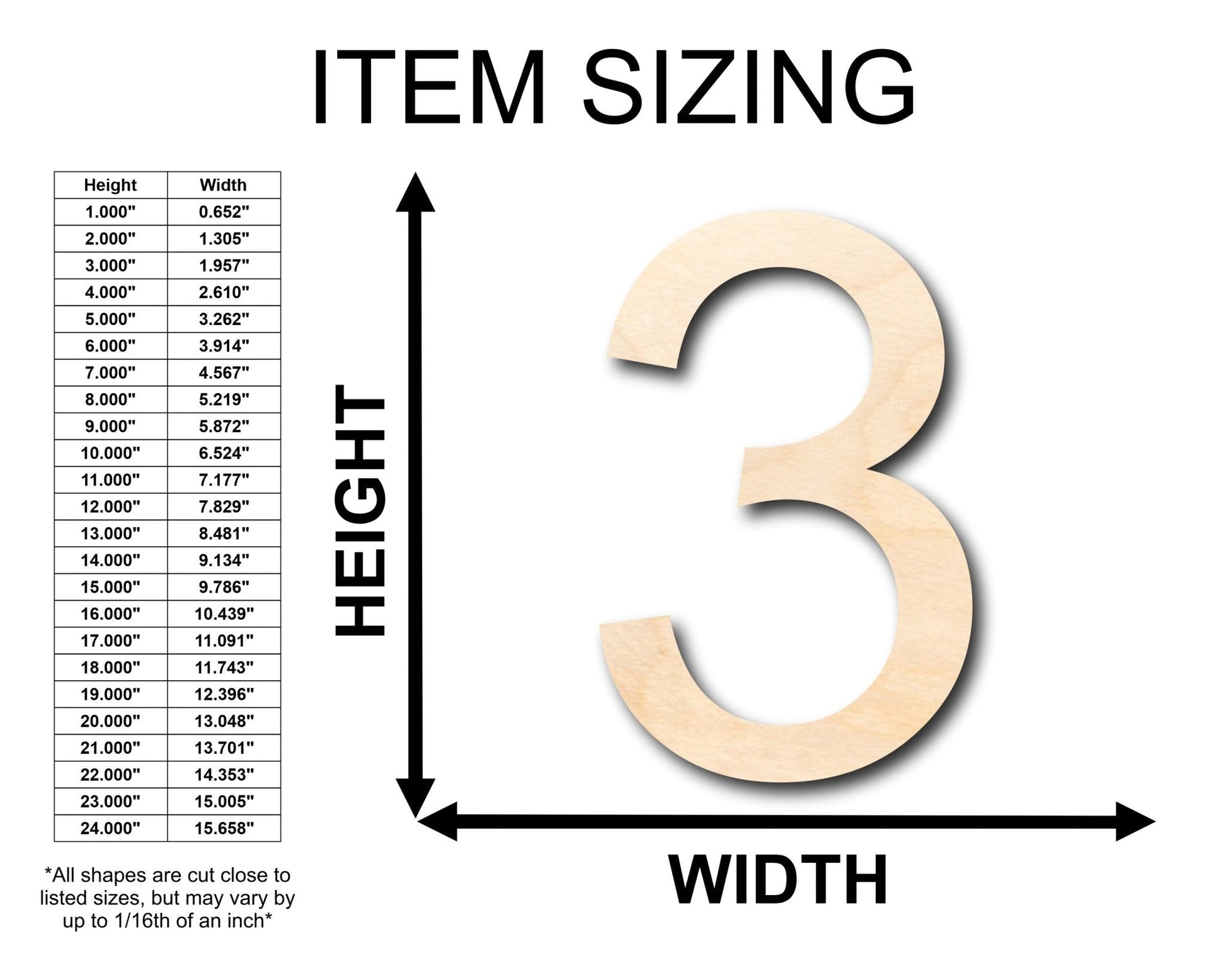 Unfinished Wood Arial Number 3 Shape - Craft - Wooden Cut Out Cutouts Blank DIY