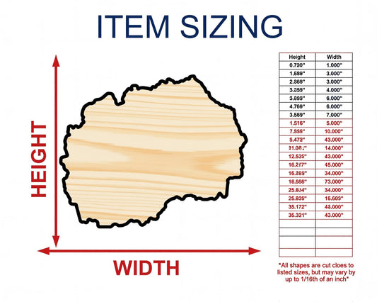 Unfinished Wood Macedonia Coutry Shape - Southeast Europe Craft - up to 46" DIY