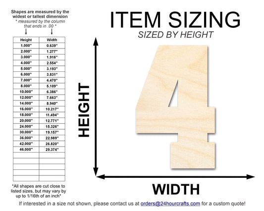 Unfinished Wood Varisty Number Four Shape | DIY Craft Cutout | Wooden Cut Out Cutouts Blank DIY