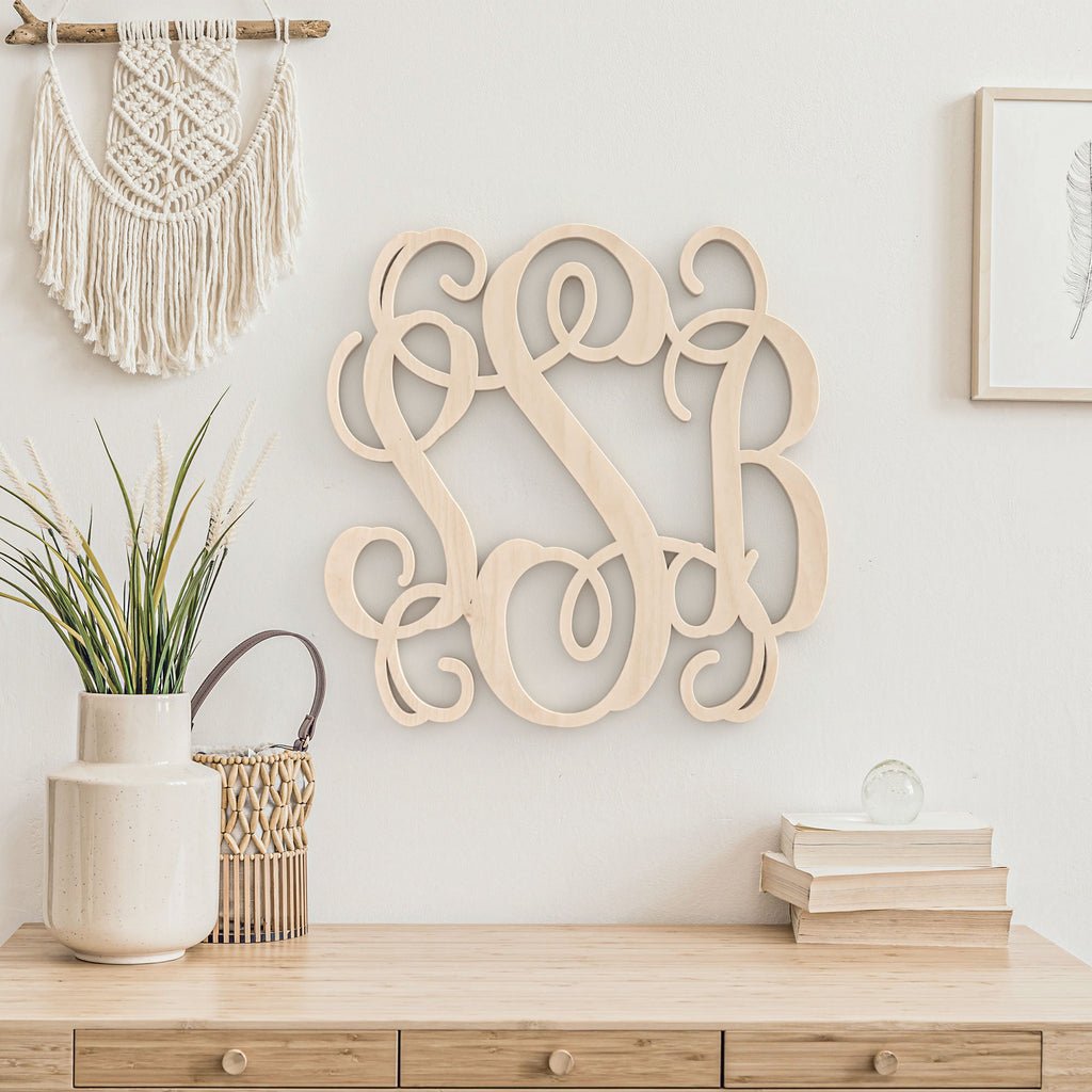 Wood Monogram Sign – Custom 3-Letter Vine Font Classic Personalized Wooden Wall Decor