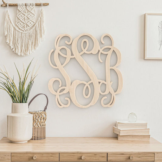 Wood Monogram Sign – Custom 3-Letter Vine Font Classic Personalized Wooden Wall Decor